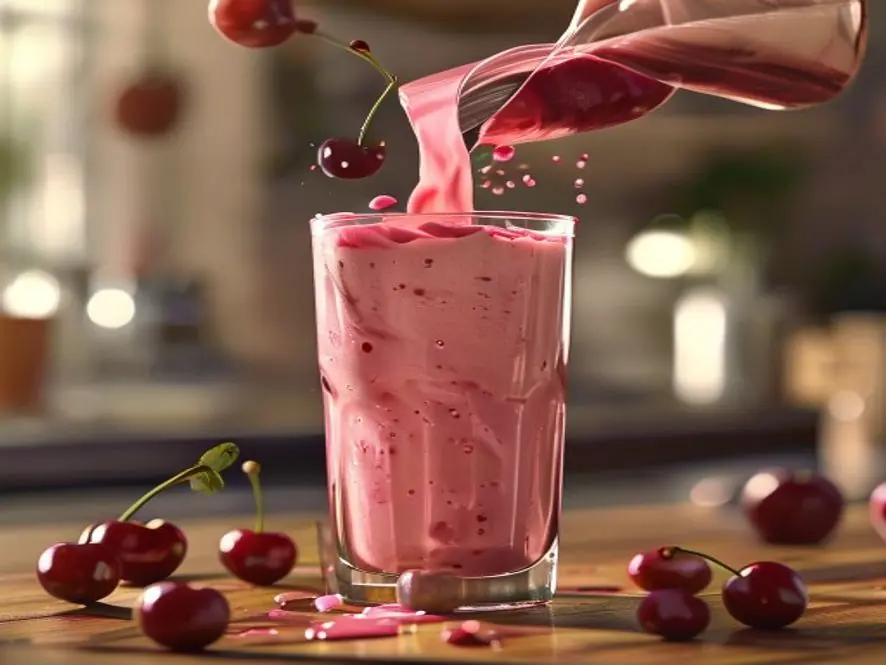 How to Make a Cherry Smoothie (Creamy, Easy & Absolutely Delicious) 2 How to make a cherry smoothie — thick creamy cherry smoothie being poured into a glass from a blender