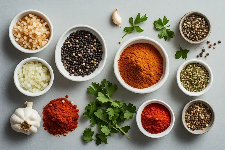 Individual spices laid out in small bowls showing what is in french onion soup mix