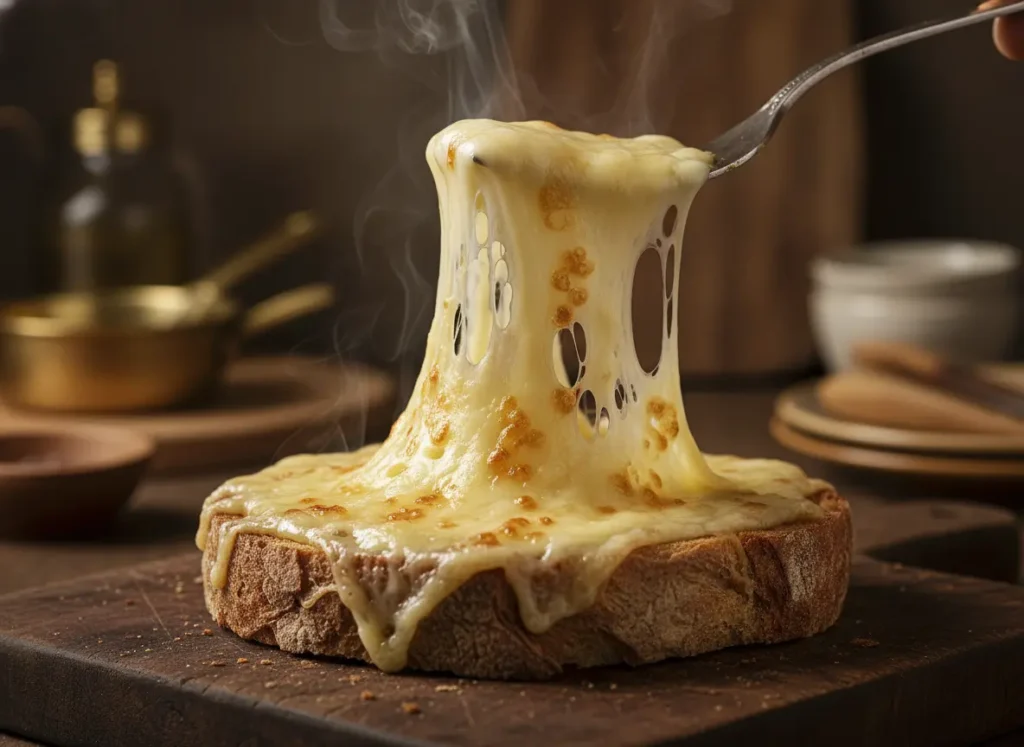 Melted Swiss cheese stretching over toasted bread as the closest substitute for gruyere cheese