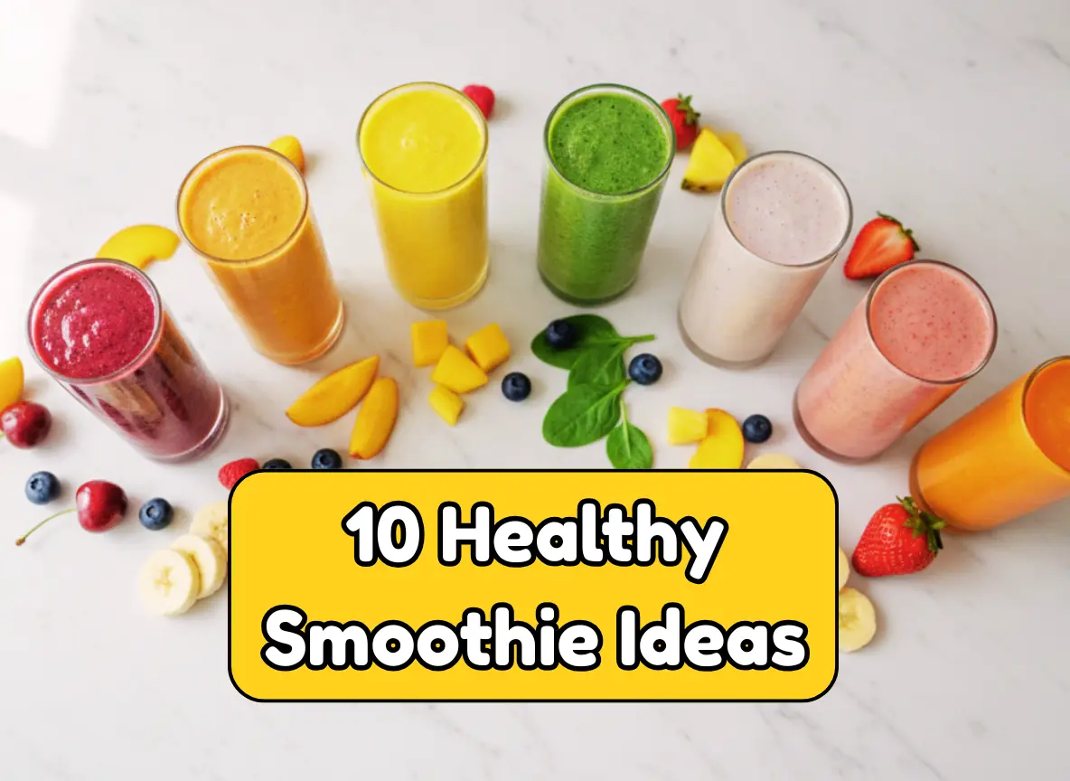 10 healthy smoothie ideas in colorful glasses arranged on white marble with fresh fruit — easy breakfast smoothie recipes by Chef Amina