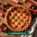 A golden-crusted strawberry rhubarb pie recipe cooling on a wooden table with fresh strawberries and rhubarb scattered around it.