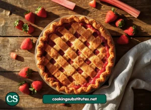 A golden-crusted strawberry rhubarb pie recipe cooling on a wooden table with fresh strawberries and rhubarb scattered around it.