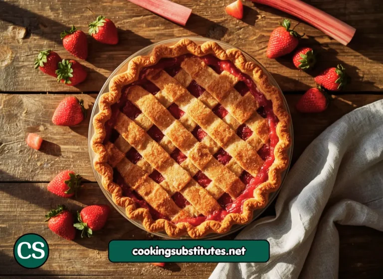 A golden-crusted strawberry rhubarb pie recipe cooling on a wooden table with fresh strawberries and rhubarb scattered around it.