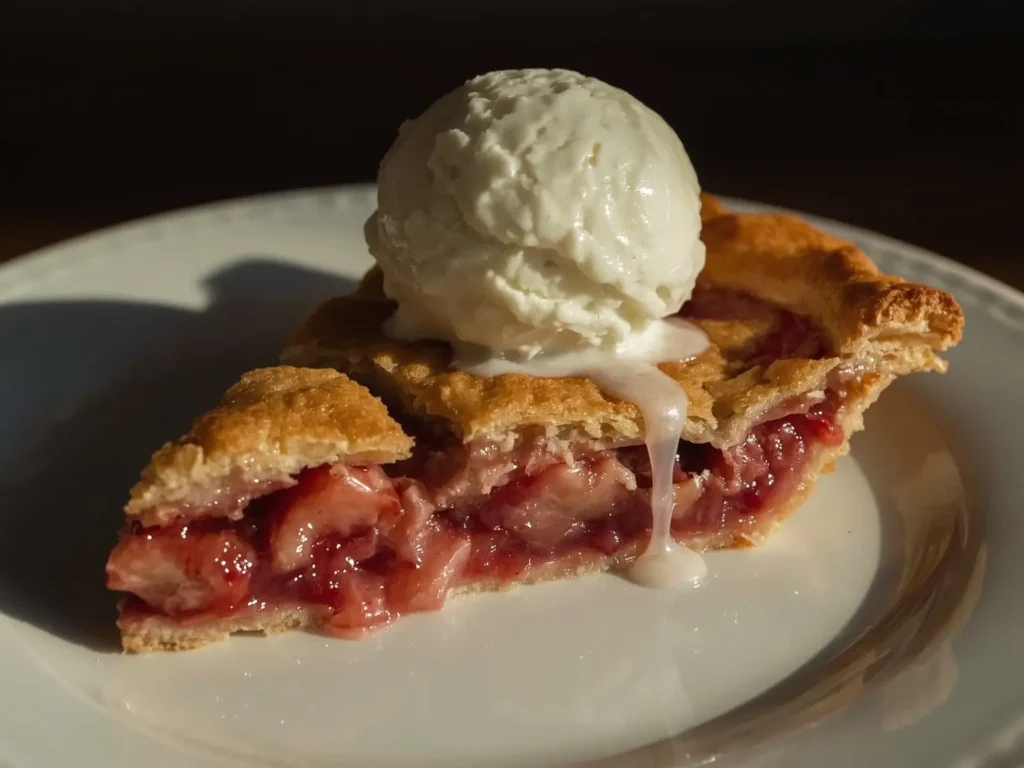 A slice of easy strawberry rhubarb pie with glossy filling and flaky golden crust on a white plate.