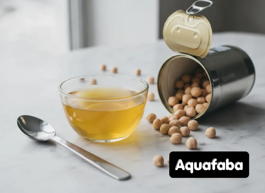 Aquafaba chickpea liquid in a glass bowl as egg substitute for cake mix next to open chickpea can