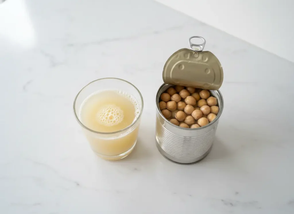 Glass of aquafaba liquid from chickpea can as a vegan egg substitute for cookies on marble countertop