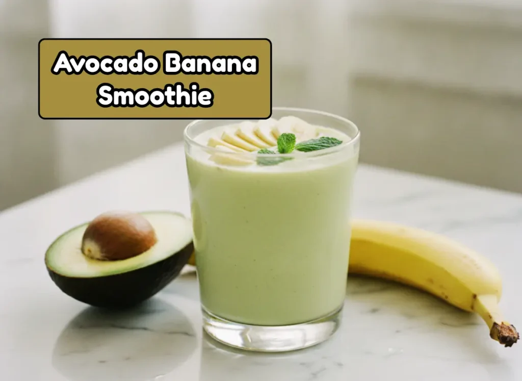 Silky avocado banana smoothie in a clear glass with fresh avocado and banana — creamy healthy smoothie idea for skin and energy