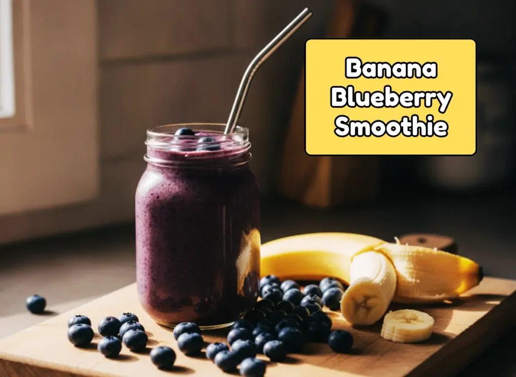 Banana blueberry smoothie in a glass jar with fresh blueberries and banana on a wooden board — creamy breakfast smoothie recipe
