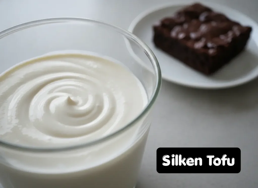 Blended silken tofu in a bowl used as a vegan egg substitute for extra fudgy brownies