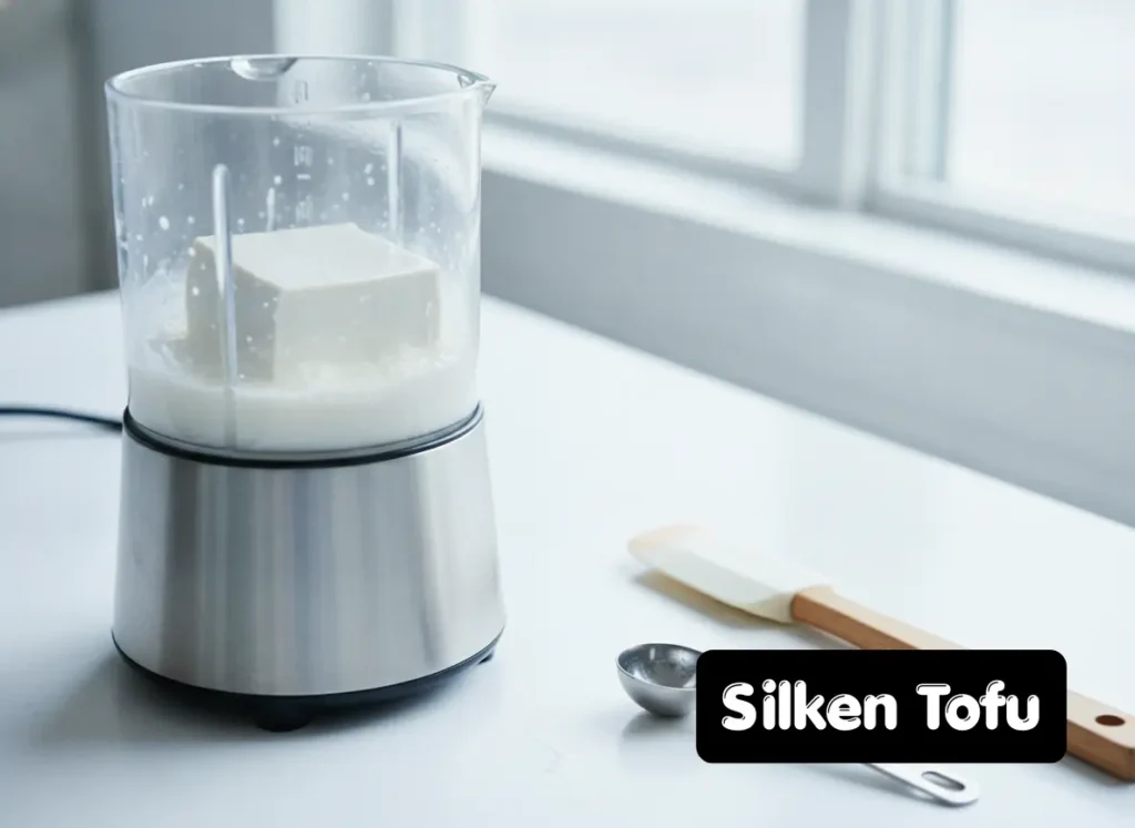 Blended silken tofu in a small blender as a vegan egg substitute for homemade cake mix