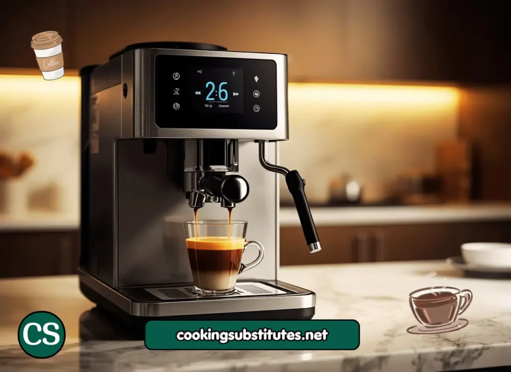 Breville Barista Touch Impress best high-end espresso machine for home on marble counter with espresso shot