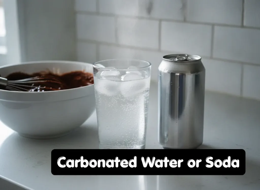 Carbonated sparkling water poured into chocolate cake batter as an easy egg substitute for box cake mix