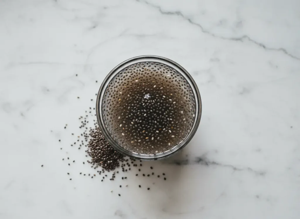 Chia egg gel in a glass bowl showing chia seeds as a vegan egg substitute for cookie recipes