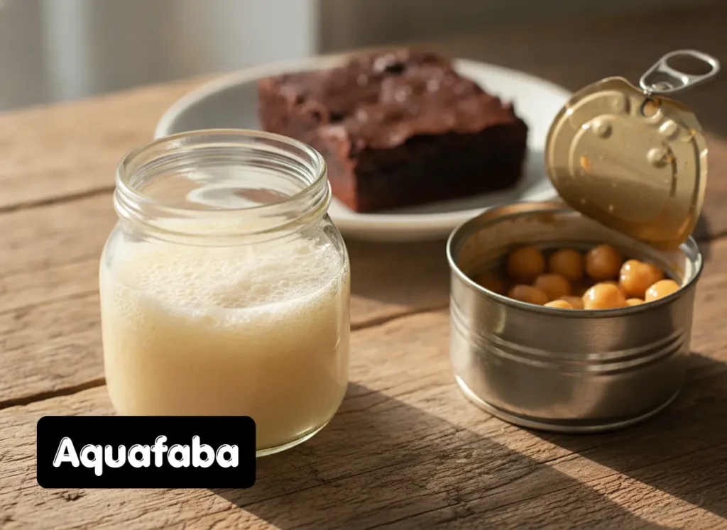 Clear jar of aquafaba chickpea liquid beside an open chickpea can used as a vegan egg substitute for brownies
