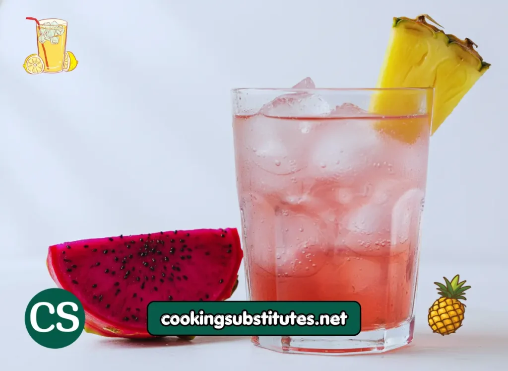 Close up glass of pineapple dragonfruit lemonade with fresh dragonfruit slices showing pink flesh beside it