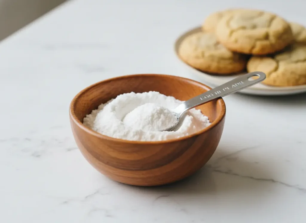 Commercial egg replacer powder in a wooden bowl as an easy egg substitute for cookies with baked cookies in background