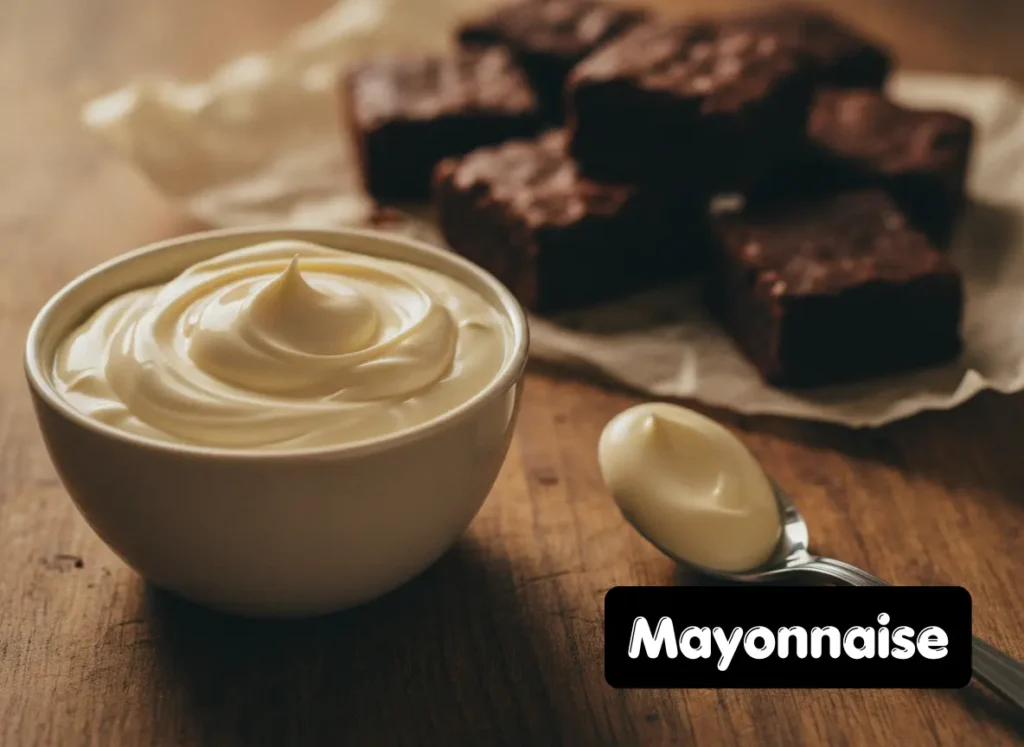 Creamy mayonnaise in a white bowl used as a sneaky egg substitute for brownies on a wooden kitchen counter