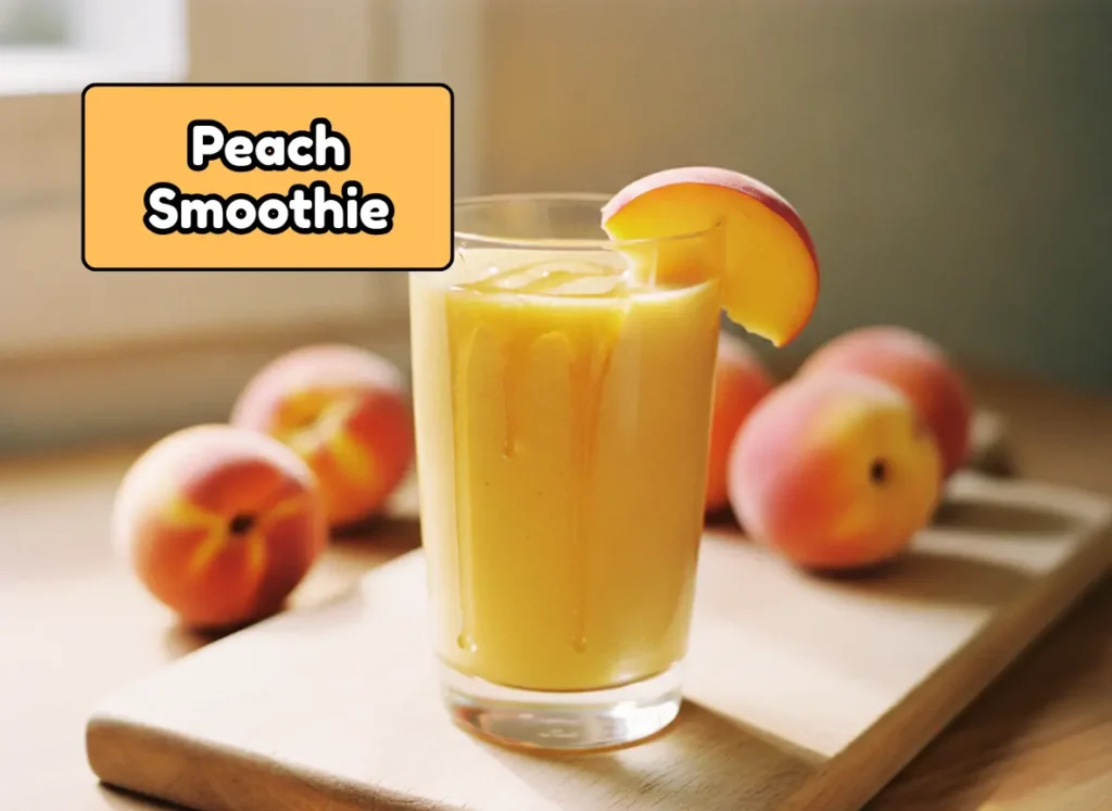 Creamy peach smoothie in a tall glass with fresh peach slices and honey — easy healthy smoothie idea for summer mornings