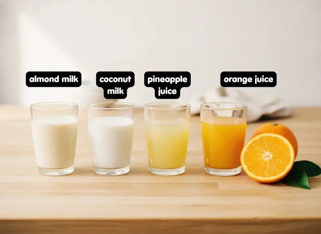 Mango Pineapple Smoothie Recipe – Thick, Tropical & Ready in 5 Minutes 4 Different milk and juice substitutes for mango pineapple smoothie recipe including coconut milk almond milk and orange juice