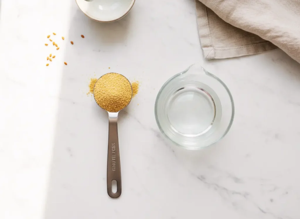 Flax Seed Egg Substitute — Exact Ratio & How To Use 2 Exact flax seed egg substitute ratio showing one tablespoon flaxseed meal and three tablespoons water
