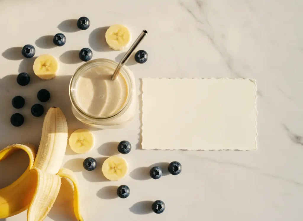 Banana Blueberry Smoothie Recipe – Thick, Creamy & Ready in 5 Minutes 5 Final banana blueberry smoothie styled on white marble with fresh fruit in warm morning light for healthy breakfast smoothie inspiration
