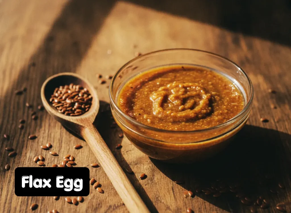 Flax egg made with ground flaxseed and water in a glass bowl as vegan egg substitute for cake