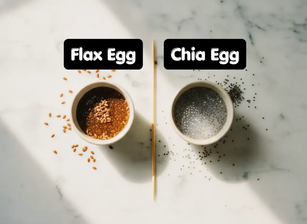 Flax Seed Egg Substitute — Exact Ratio & How To Use 4 Flax egg versus chia egg comparison showing both gels side by side for vegan egg substitute