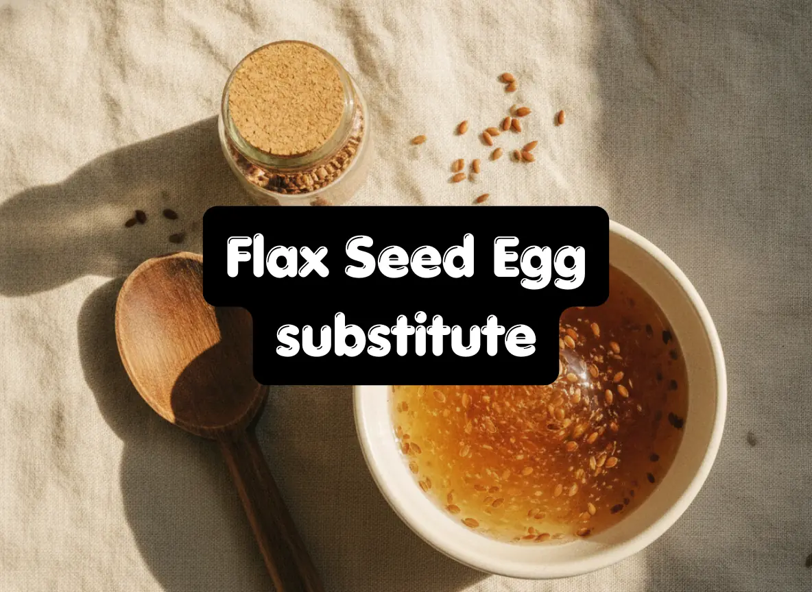 Flax seed egg substitute in a white bowl with ground flaxseed meal and whole seeds on a linen surface