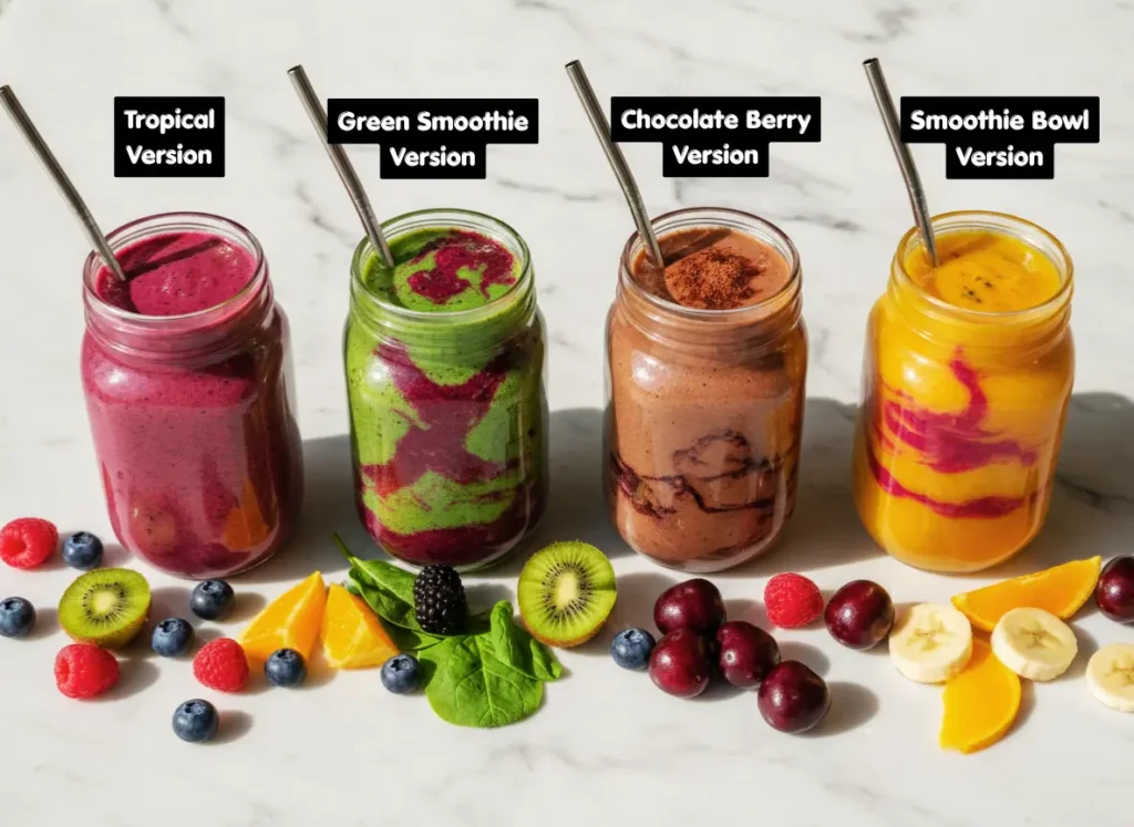 Banana Blueberry Smoothie Recipe – Thick, Creamy & Ready in 5 Minutes 4 Four banana blueberry smoothie variations in glass jars including tropical, green, chocolate, and classic versions on marble