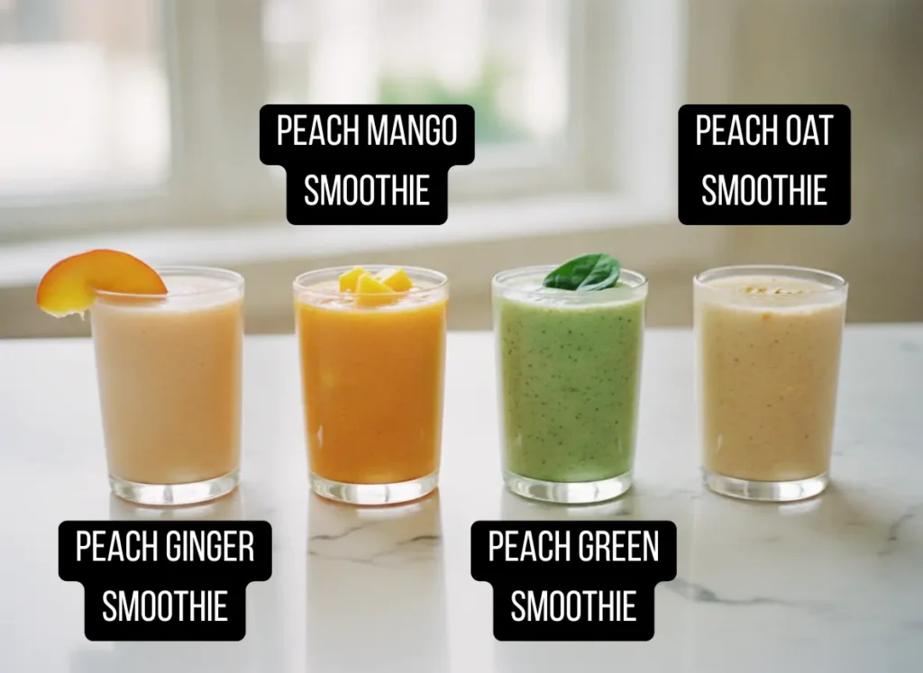 Peach Smoothie Recipe – Fresh, Creamy & Ready in 5 Minutes 4 Four variations of peach smoothie recipe in small glasses including peach mango, peach green, and peach oat smoothies