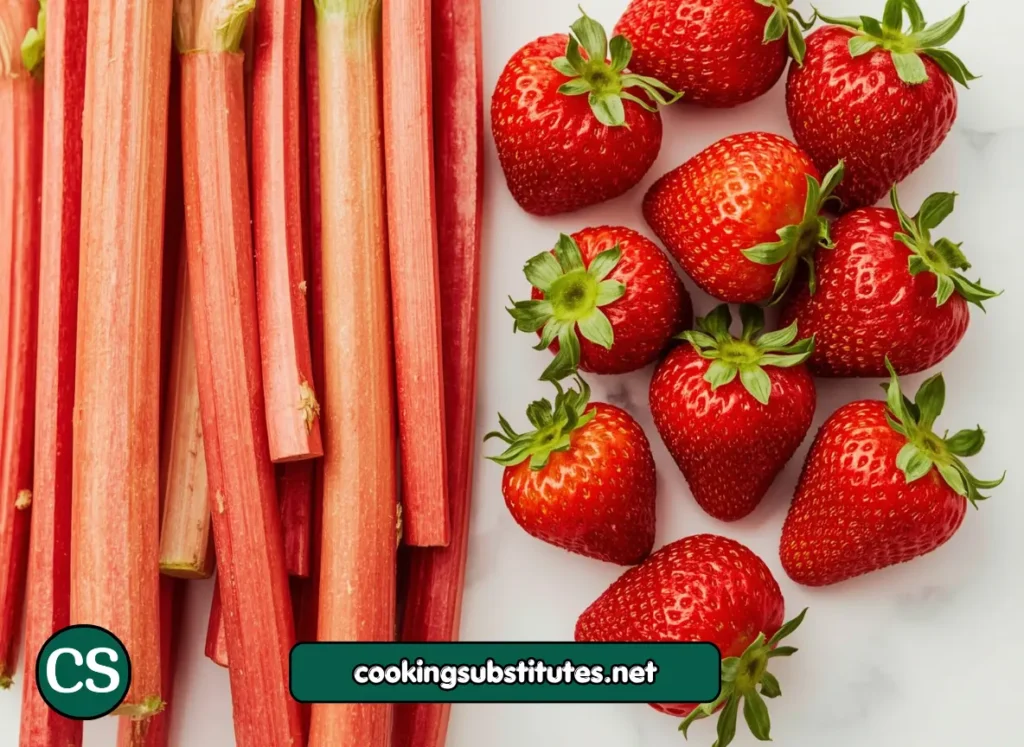 Fresh rhubarb stalks and strawberries used in a classic strawberry rhubarb pie recipe.