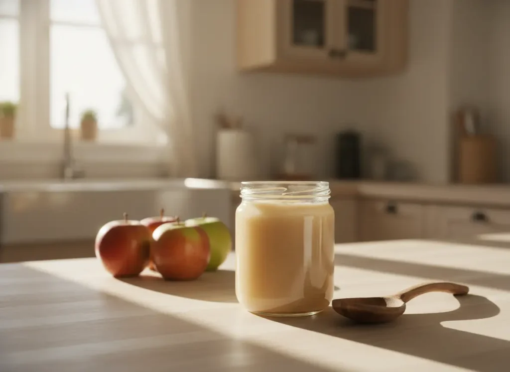 Glass jar of unsweetened applesauce with fresh apples as an egg substitute for cookies on a wooden counter