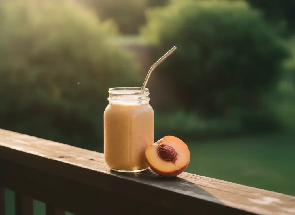 Peach Smoothie Recipe – Fresh, Creamy & Ready in 5 Minutes 5 Glass mason jar with peach smoothie recipe on outdoor table with fresh peach and morning sunlight