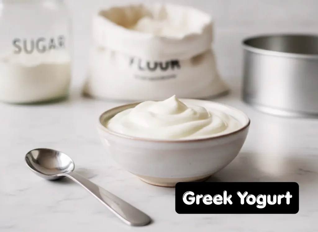 Greek yogurt in a ceramic bowl as an egg replacement for cake mix on a marble kitchen counter