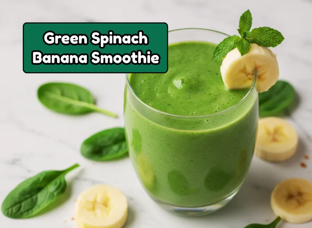Vibrant green spinach banana smoothie in a clear glass with fresh spinach and banana — healthy food idea for a nutrient-packed breakfast