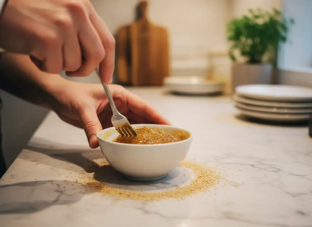 Flax Seed Egg Substitute — Exact Ratio & How To Use 3 Hands stirring a flax seed egg substitute in a white bowl step by step process
