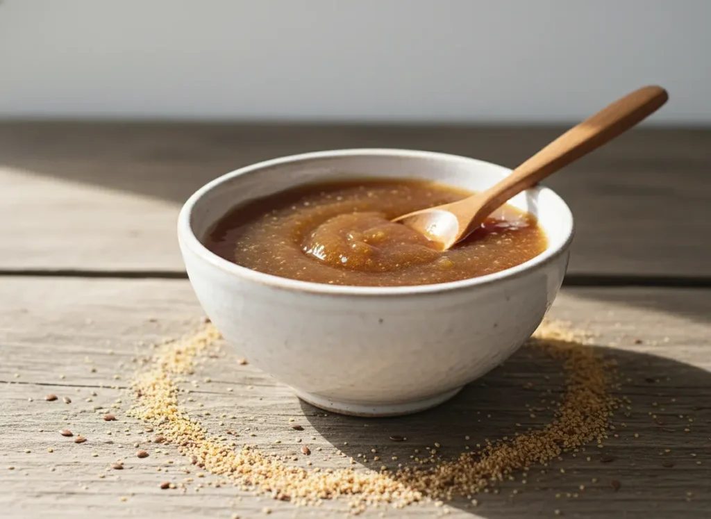 Homemade flax egg gel in a small white bowl as an egg substitute for cookies with ground flaxseed scattered around