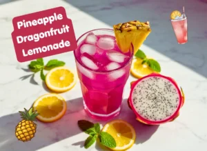 Homemade pineapple dragonfruit lemonade in a tall glass with ice, pineapple slices, and dragonfruit on a white marble surface