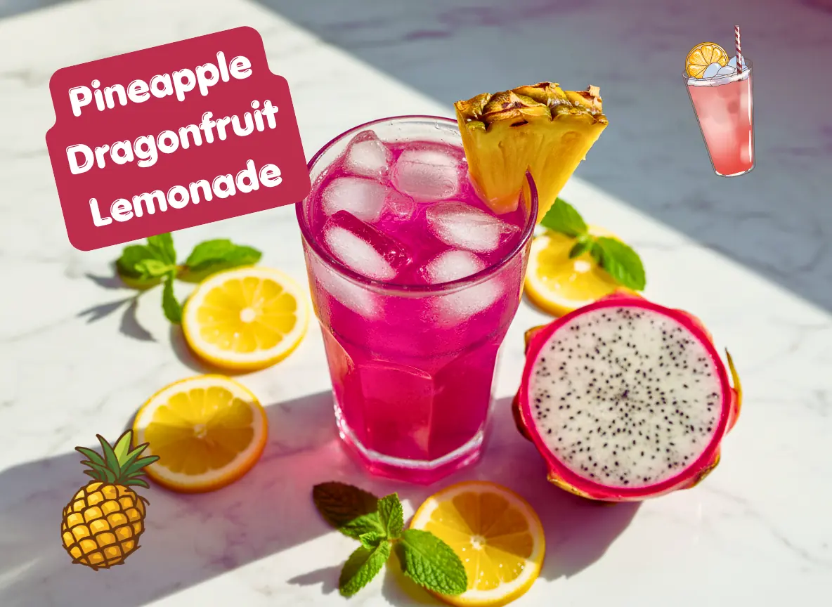 Homemade pineapple dragonfruit lemonade in a tall glass with ice, pineapple slices, and dragonfruit on a white marble surface
