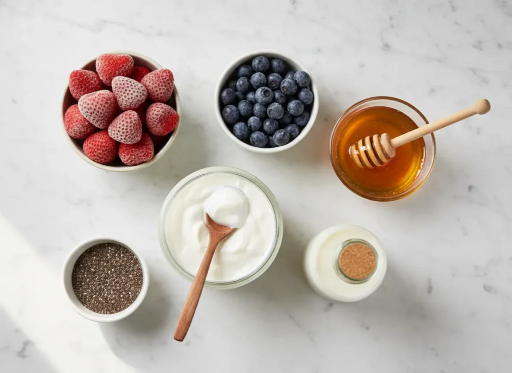 Ingredients for strawberry blueberry smoothie laid out on white marble including frozen berries Greek yogurt and honey