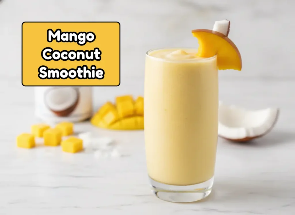 Creamy dairy-free mango coconut smoothie in a clear glass with fresh mango — easy healthy smoothie recipe made with coconut milk