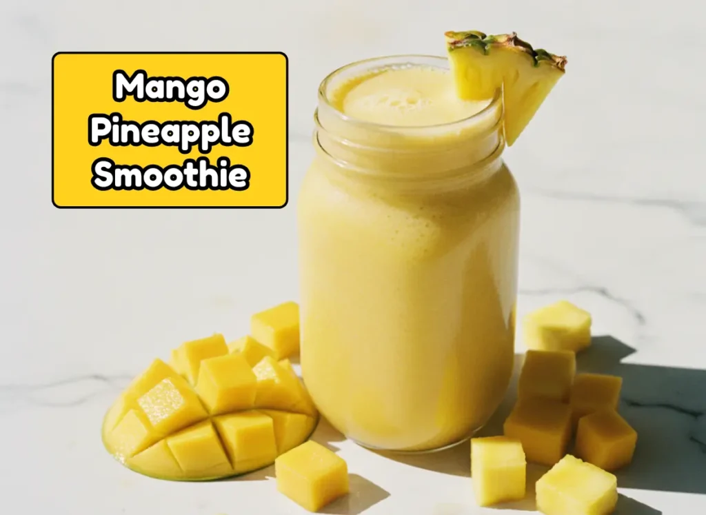 Tropical mango pineapple smoothie in a mason jar with fresh mango and pineapple — quick healthy smoothie recipe ready in 5 minutes