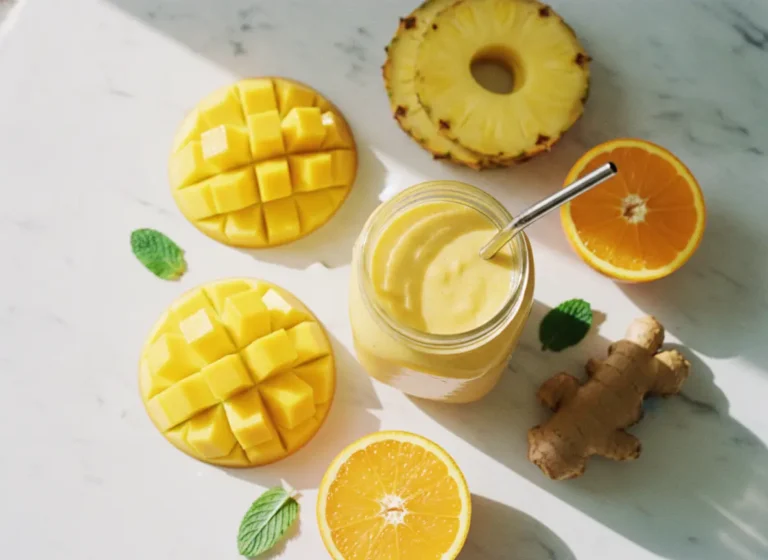 Mango pineapple smoothie recipe in a glass mason jar with fresh mango and pineapple on white marble surface