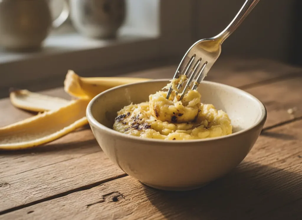 Ripe banana being mashed with a fork in a bowl as a natural egg substitute for cookies