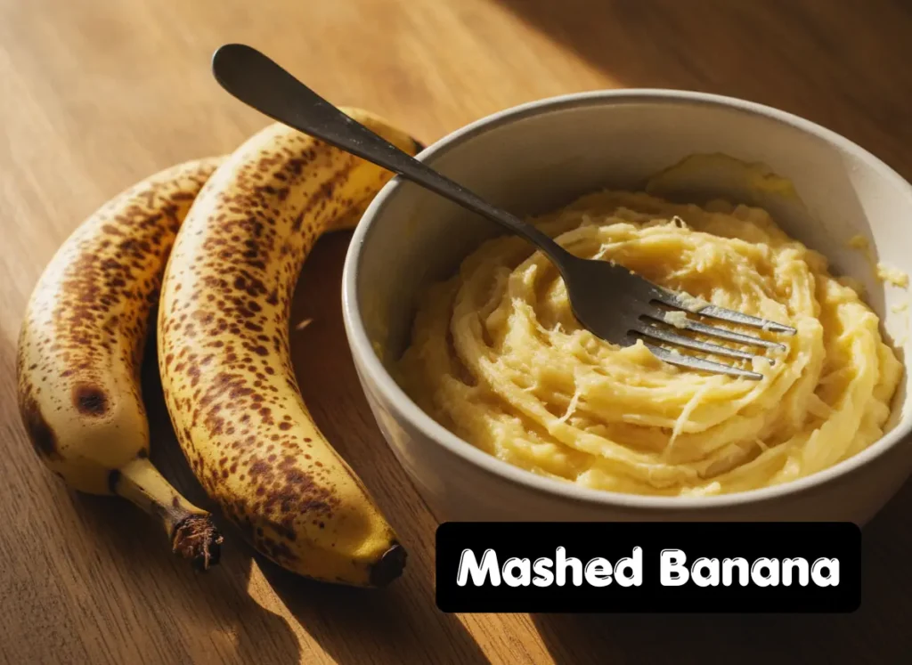Mashed ripe banana in a white bowl used as egg substitute for cake mix on wooden kitchen surface