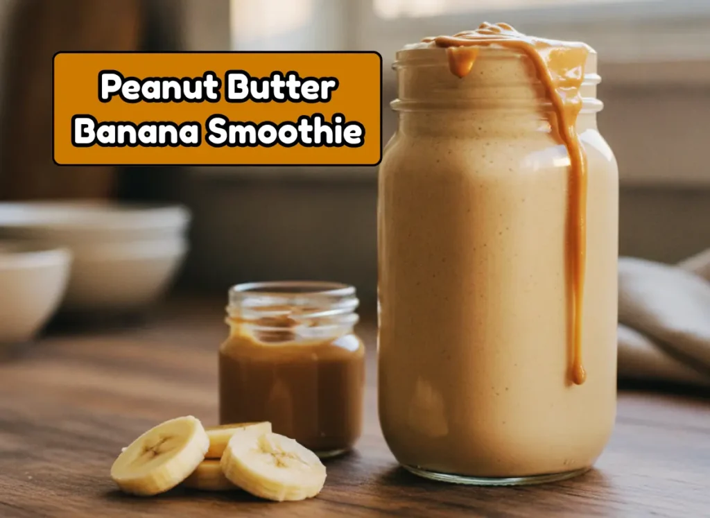 Thick peanut butter banana smoothie in a glass jar with banana slices — filling meal replacement smoothie recipe by Chef Amina