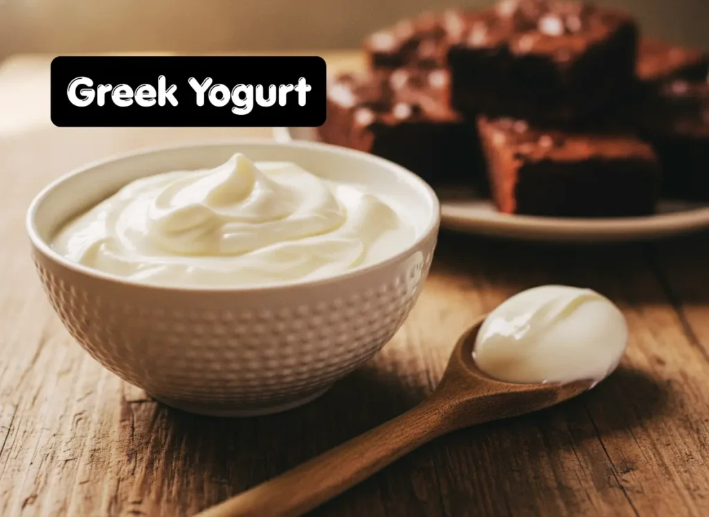 Plain Greek yogurt in a white bowl as the best egg substitute for fudgy brownies