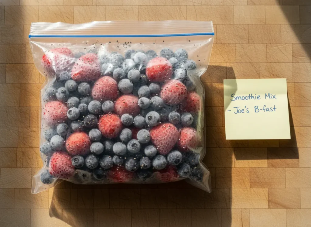 Pre-portioned strawberry blueberry smoothie ingredients in a freezer zip bag for quick morning meal prep