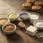 Seven egg substitutes for cookies arranged in small bowls on a wooden kitchen counter with fresh baked cookies in the background