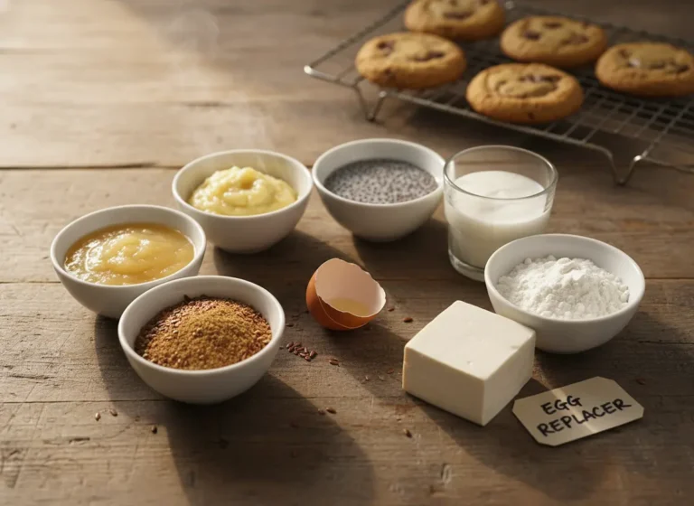 Seven egg substitutes for cookies arranged in small bowls on a wooden kitchen counter with fresh baked cookies in the background